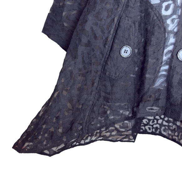 Black Sheer Lace Leopard Print Burnout Asymmetrical Big Button-Up Blazer Blouse - Picture 2 of 8